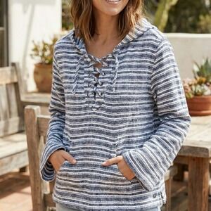 Roxy Womens Striped Poncho Baja Hoodie Size S Blue Boxy Beach Surf Boho